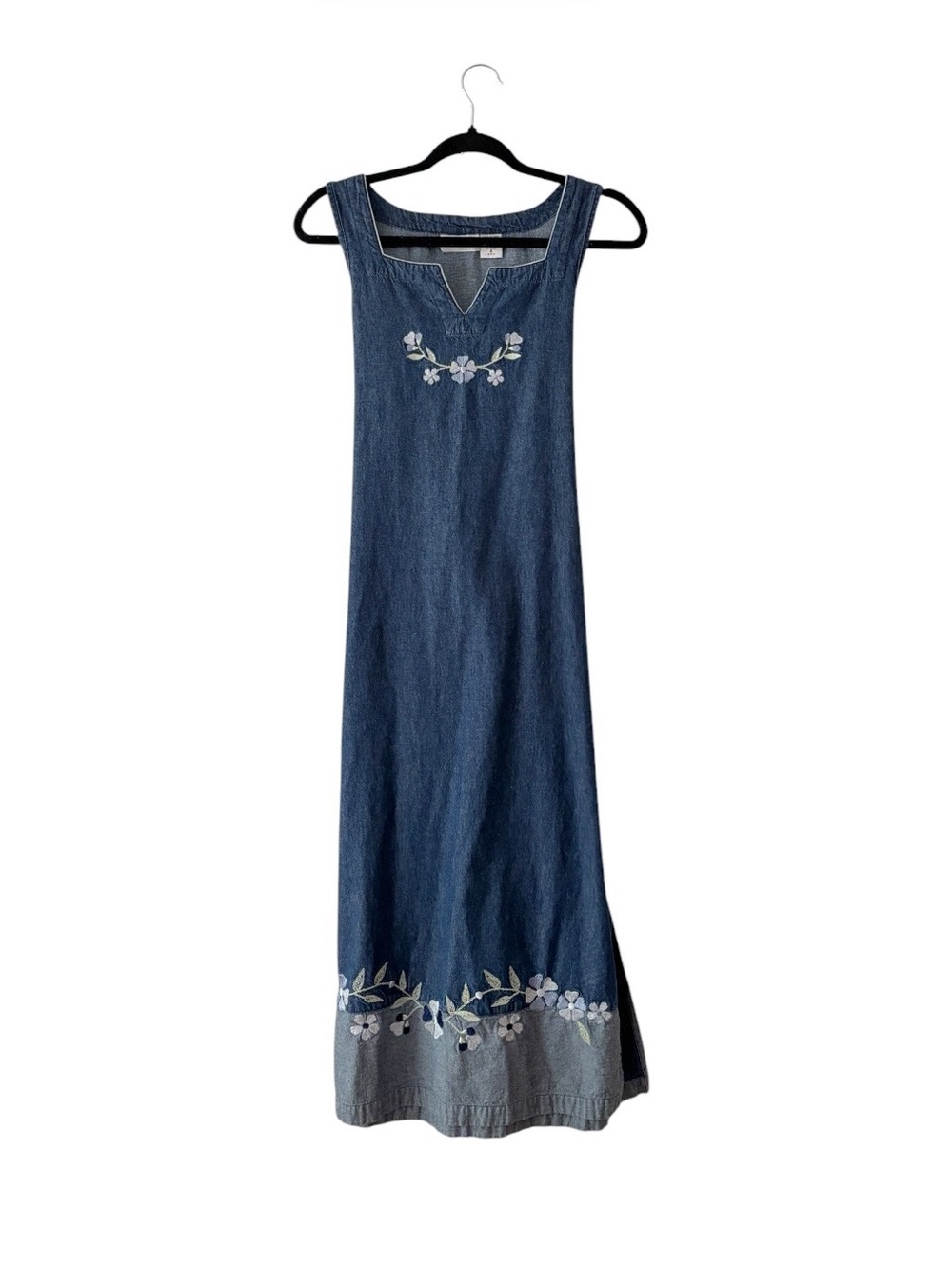 Vintage 90s Embroidered Denim Midi Dress Cottagecore Boho School Teacher M